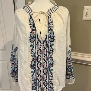 Sundance White Blouse with Blue & Orange Embroidery, NWOT, XL